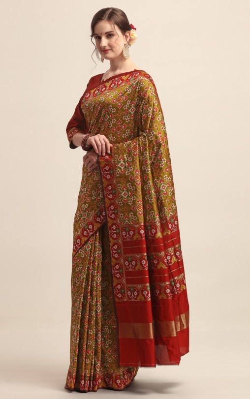 KAPAAHA Woven Dil Patola Saree (Mehndi)